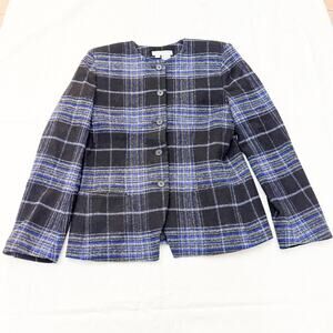 Chaus Plaid Tartan Wool Button Down Blazer Blue Black Size 6